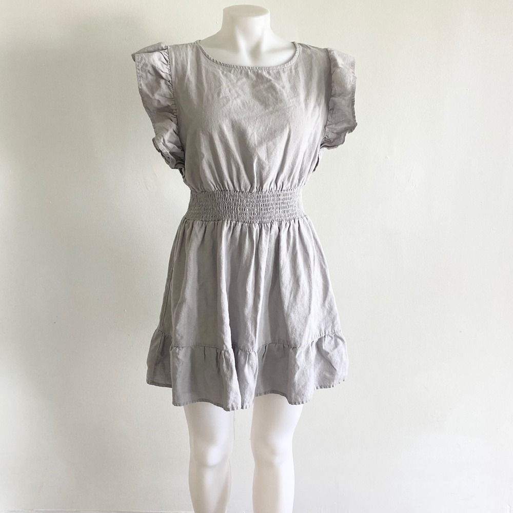 Nicole Miller New York Gray Linen Blend Ruffle Flutter Sleeve Smocked Mini Dress